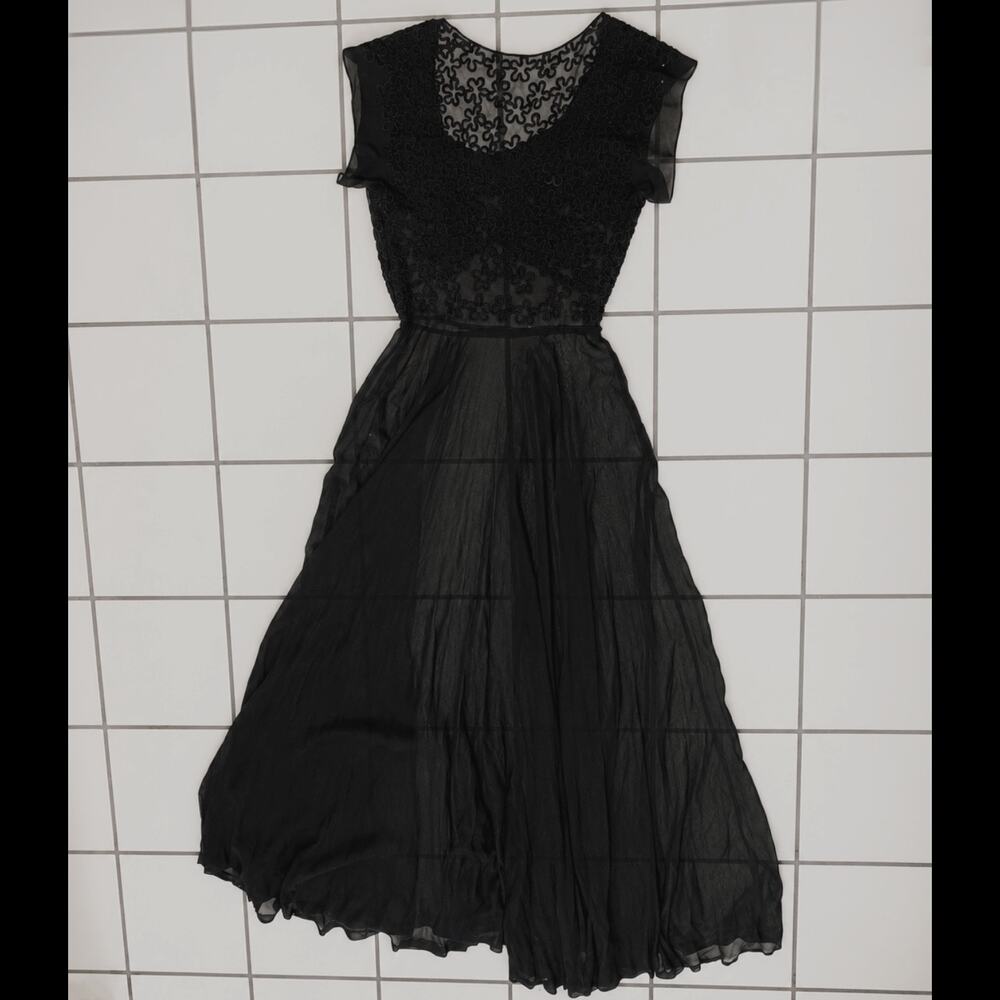 Vintage 1930s Black Chiffon Soutache Evening Gown Sheer Flutter Sleeve Dress - Picture 3 of 11